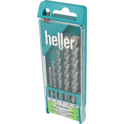 Package of five Heller Prosten spiral masonry drill bits in sizes 4, 5, 6, 8, and 10 mm, in teal retail packaging.