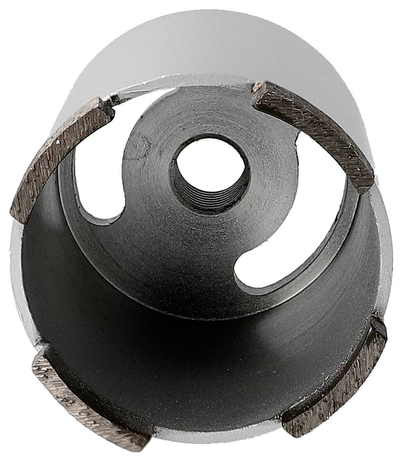 Close-up of a metal hole saw cutter with serrated teeth and a central mounting hole on a white background.