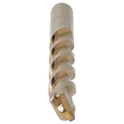 Close-up of a metal auger drill bit with a helical cutting blade and worn, rusted surface on a plain background.