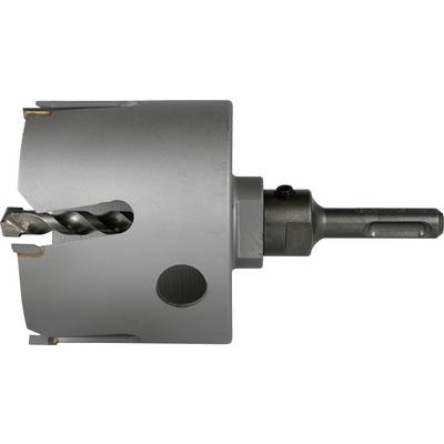 Metal hole saw drill bit with a hollow cylindrical cutter and pilot drill, shown side view on a white background.