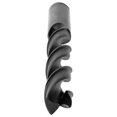 Close-up of a black metal drill bit with helical flutes and a pointed cutting tip.