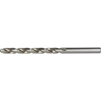 A metal twist drill bit with a silver shaft and pointed tip, shown horizontally on a white background.