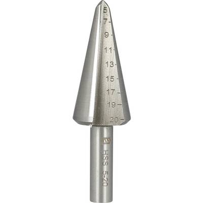 Close-up of a metal step drill bit, with size markings from 5 to 20 on its tapered cutting surface.