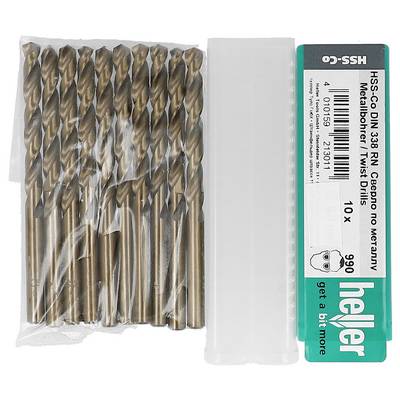 Pack of HSS-Co drill bits in a clear plastic case with teal label, showing 10 x 10 mm metal drill bits for drilling metal.