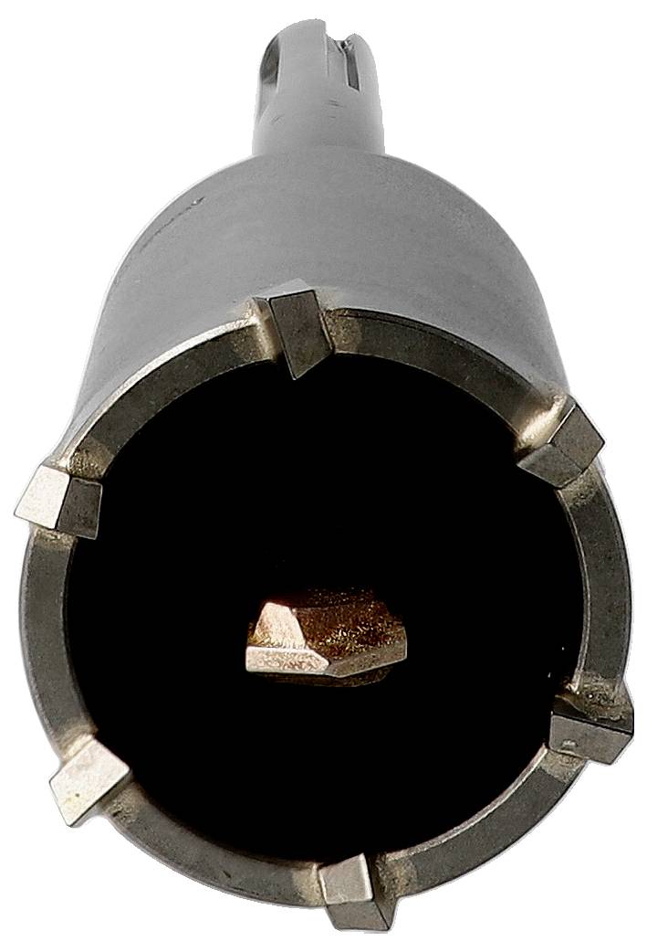 Close-up of a metal hole saw drill bit, showing the circular cutting edge and central pilot drill.