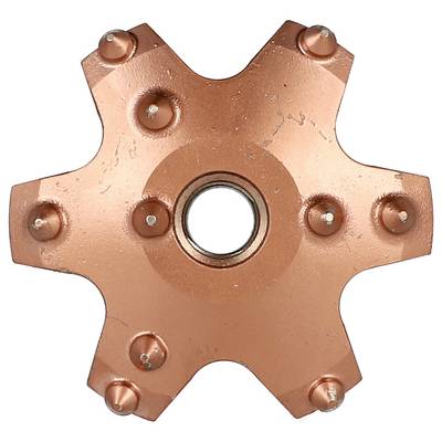 Copper-colored six-spoke metal hub or rotor with a central circular hole and raised rivets, shown on a white background.