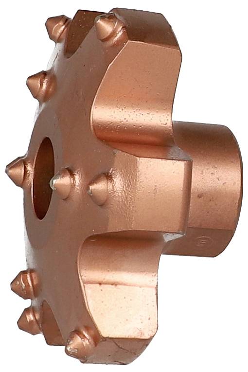 Copper-colored metal cutting wheel with multiple protruding teeth and a central hole, shown isolated on a white background.