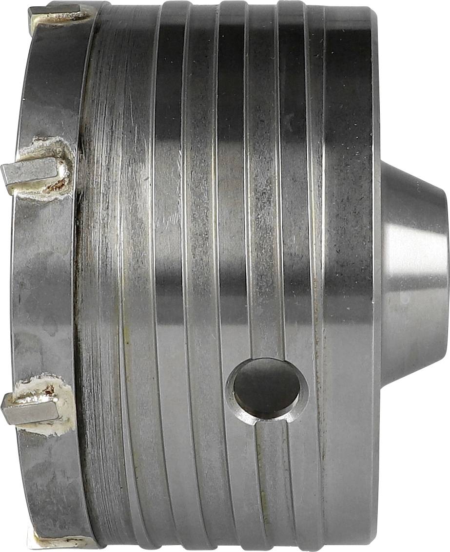 Close-up of a metal cylindrical mechanical part with ridged sides, a side hole, and worn fasteners on the left end.