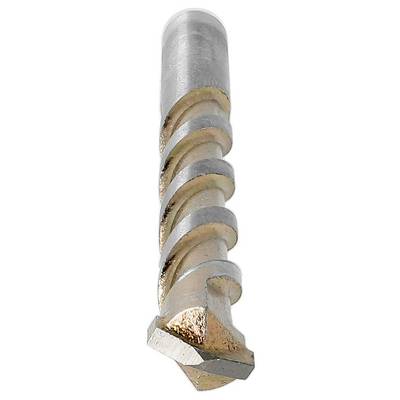Close-up of a metal drill bit with a spiral cutting edge and worn, rust-stained tip on a white background.
