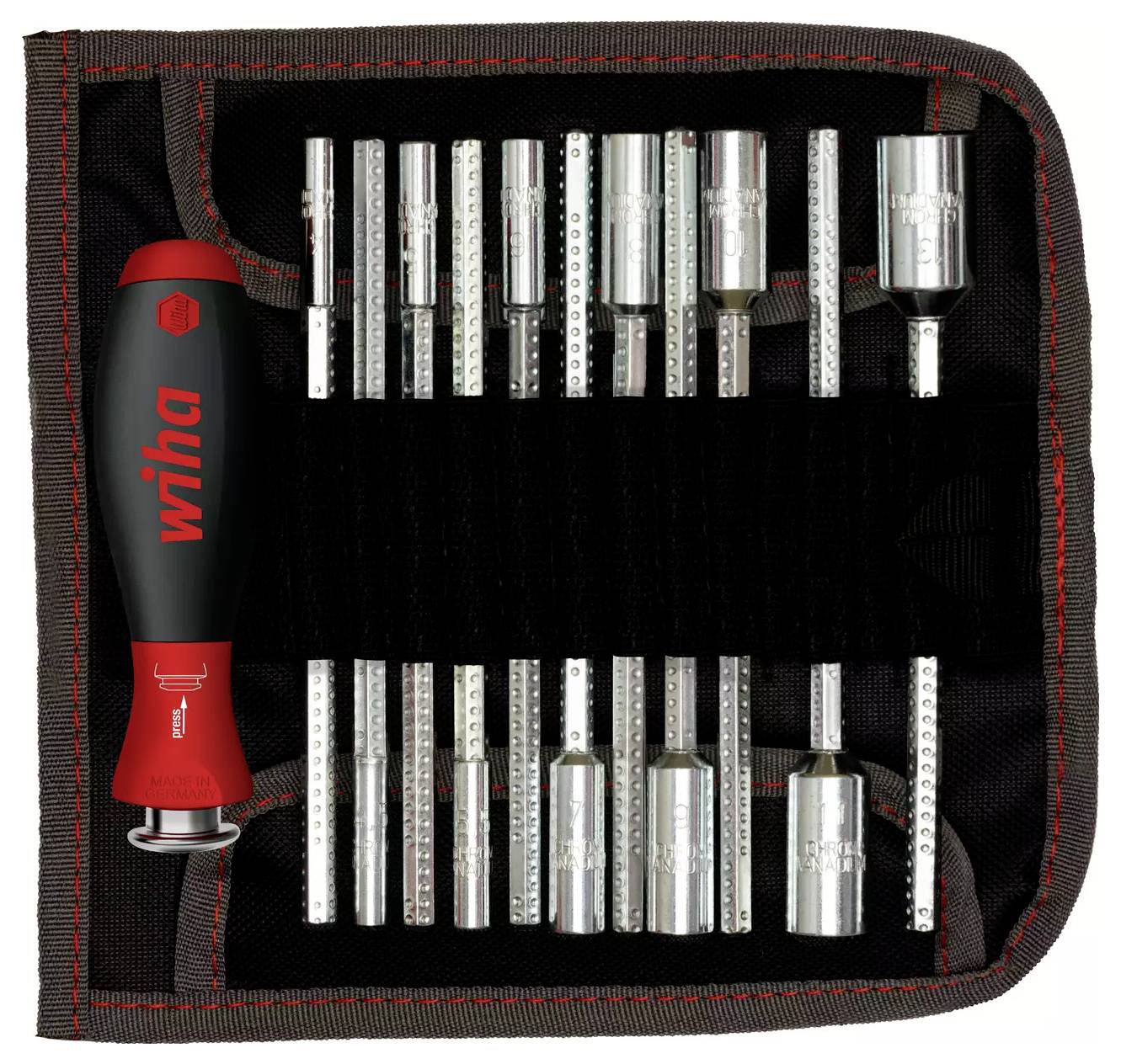 'Wiha' branded multi-bit socket wrench set with handle and various sized sockets in a black and red fabric roll-up pouch.