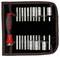 'Wiha' branded multi-bit socket wrench set with handle and various sized sockets in a black and red fabric roll-up pouch.