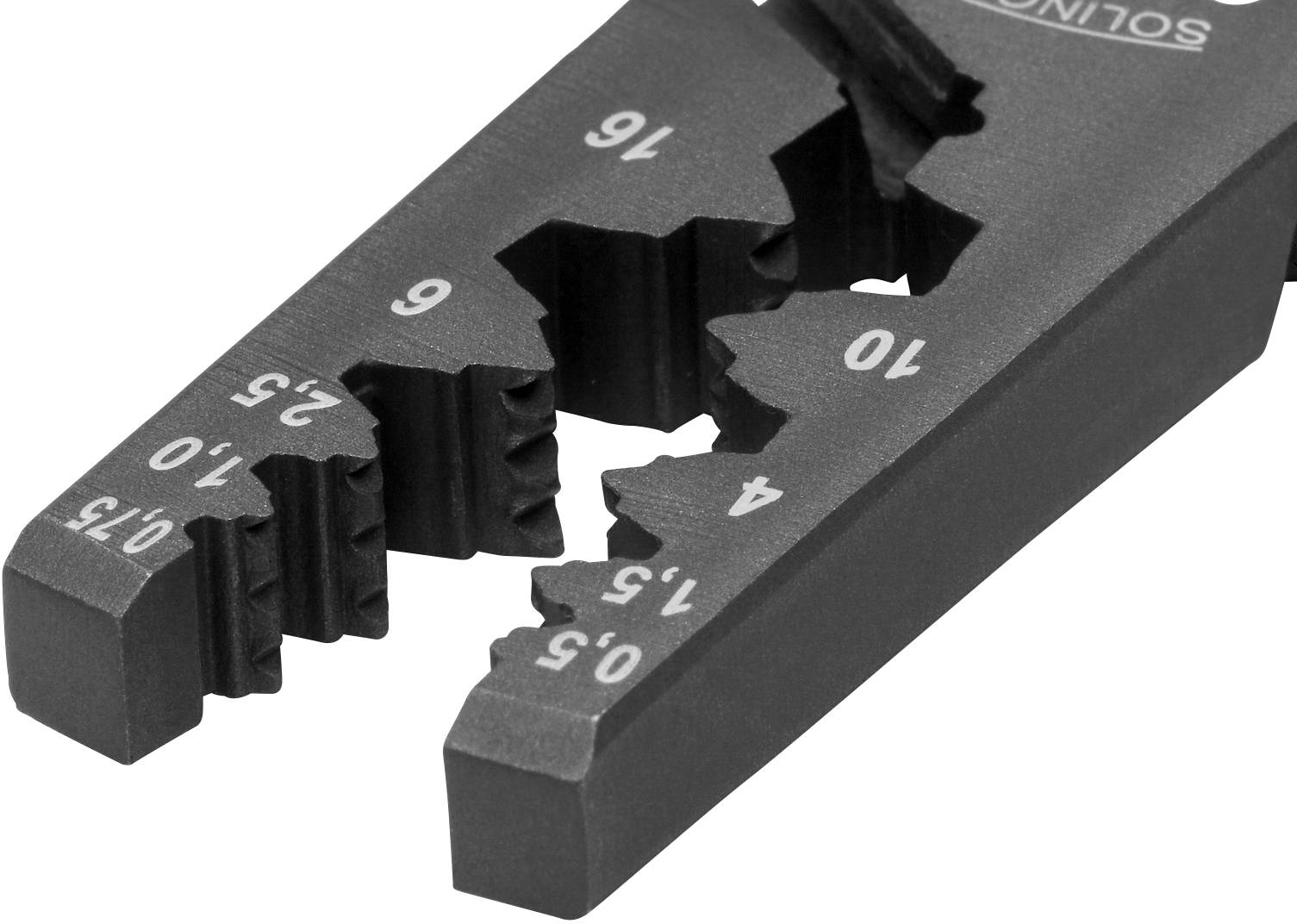 Wire cutters/pliers with wire size markings ranging from 0.3 to 6 millimetres. Used for crimping or cutting cables.
