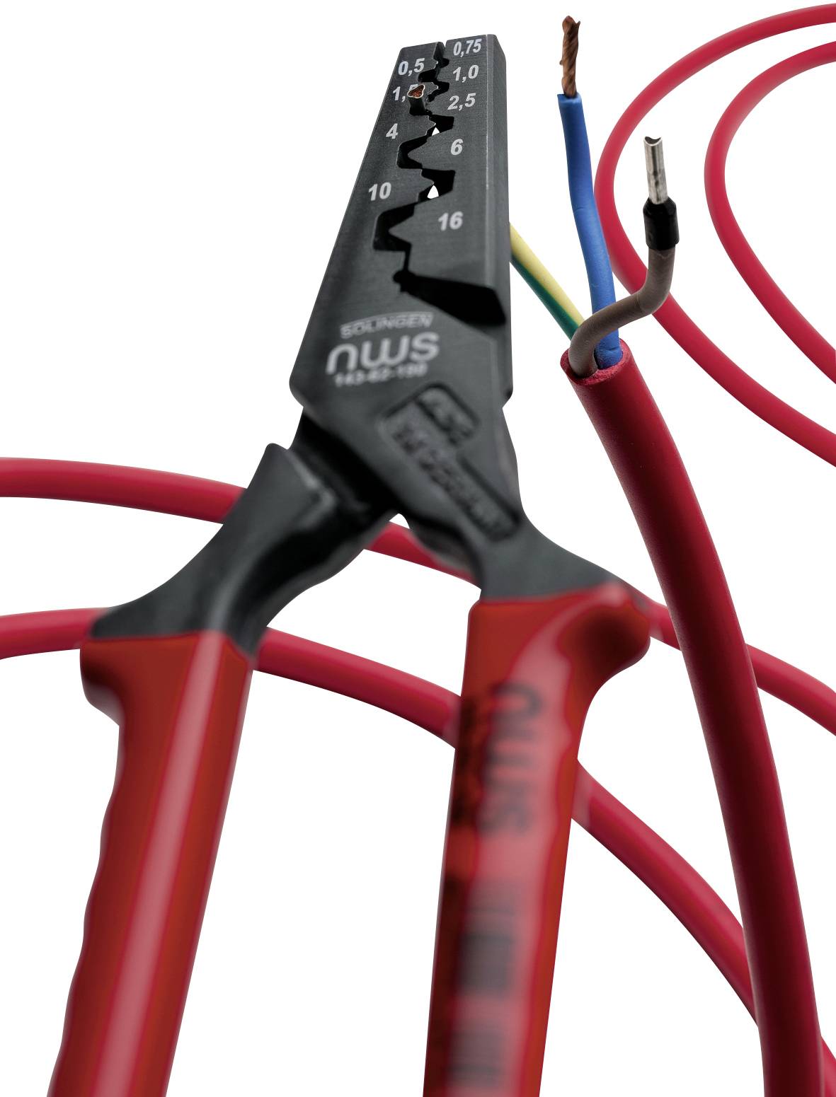 A red crimping plier cuts an electrical cable with exposed wires in blue, yellow, and brown. Beside the pliers is another red cable.