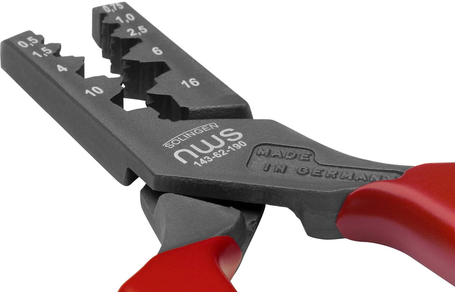 A pair of wire strippers with red handles, suitable for stripping and crimping cables, shows markings from 0.5 to 16 mm².