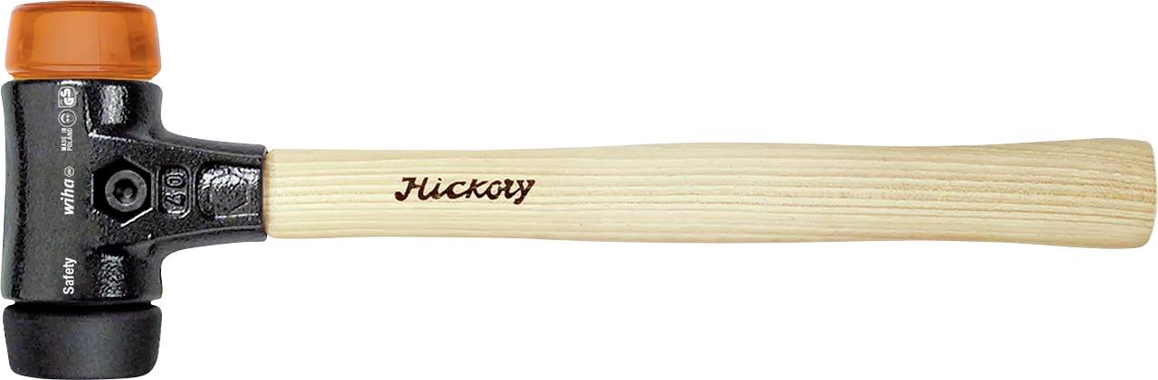 Rubber mallet with a wooden handle, black head and orange protective cover on top, with the 'Hickory' inscription written on it.