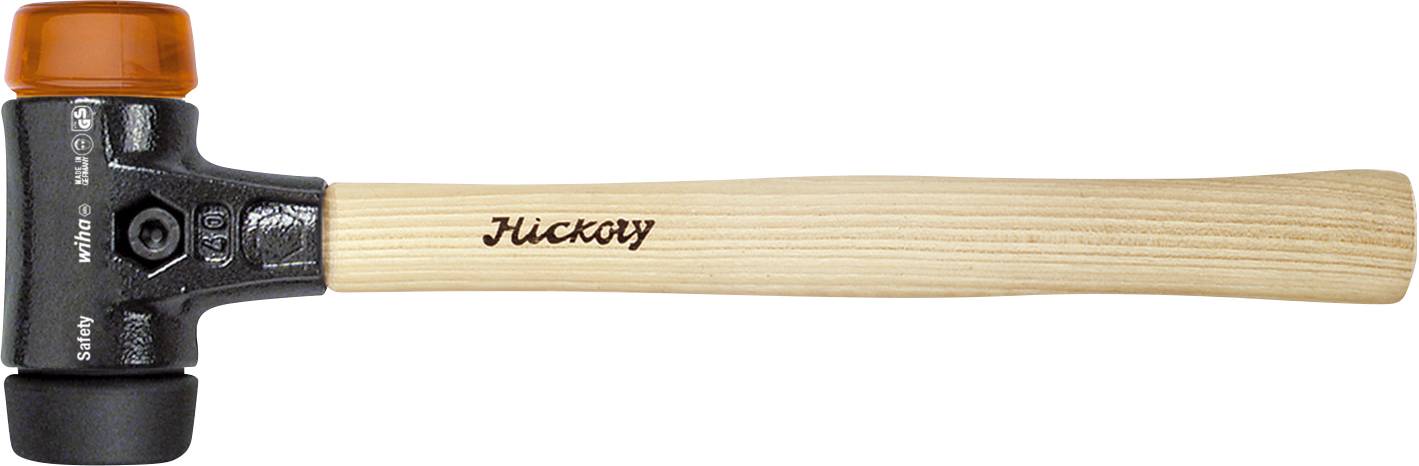 A hammer with a wooden handle and plastic heads on both ends. The brand name 'Hickory' is embossed on the handle.