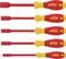 Five red and yellow Wiha hex keys with handles in various sizes lined up side by side.