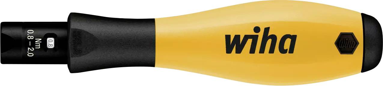 Yellow and black Wiha torque screwdriver, torque range indicator from 0.8 Nm to 2.0 Nm, ergonomic handle.