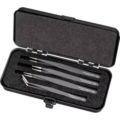 Opened black box with five precision tweezers lying on a foam insert.