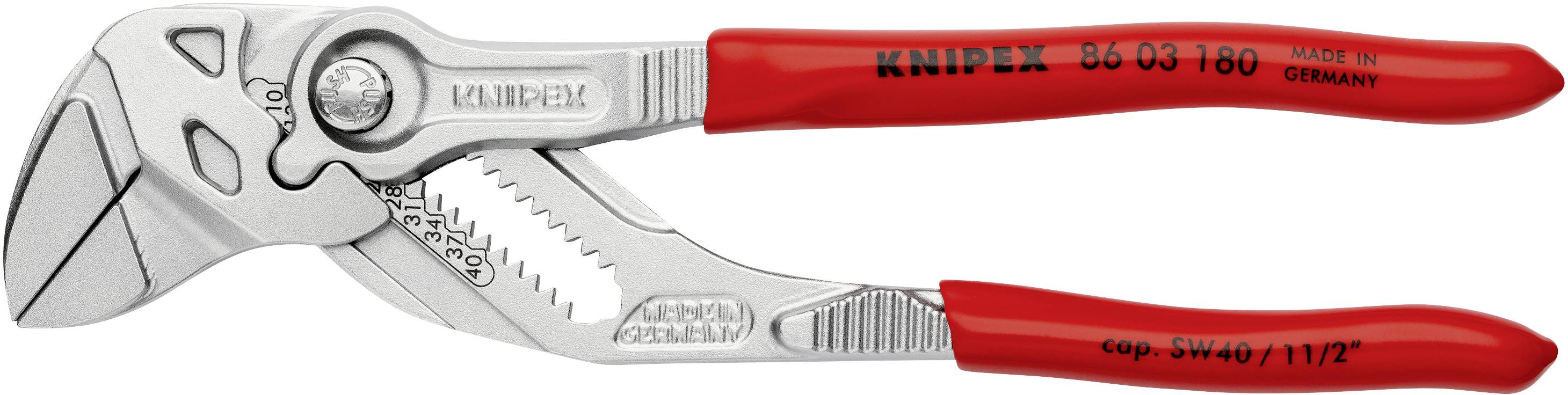 Pliers with a red handle and silver head, manufactured in Germany. Adjustable gripping range for various sizes.