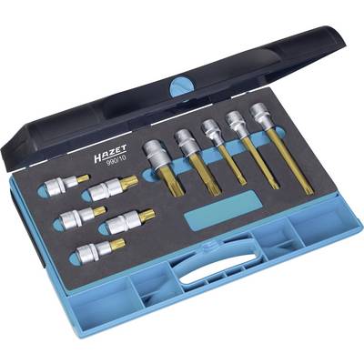 The image shows an opened set with a ratchet and bits by Hazet, model 990/10, in a blue case.