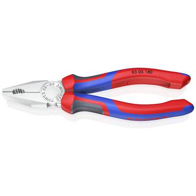 A combination pliers with red and blue rubber grips and serrated jaws, suitable for gripping and cutting wire or cables.