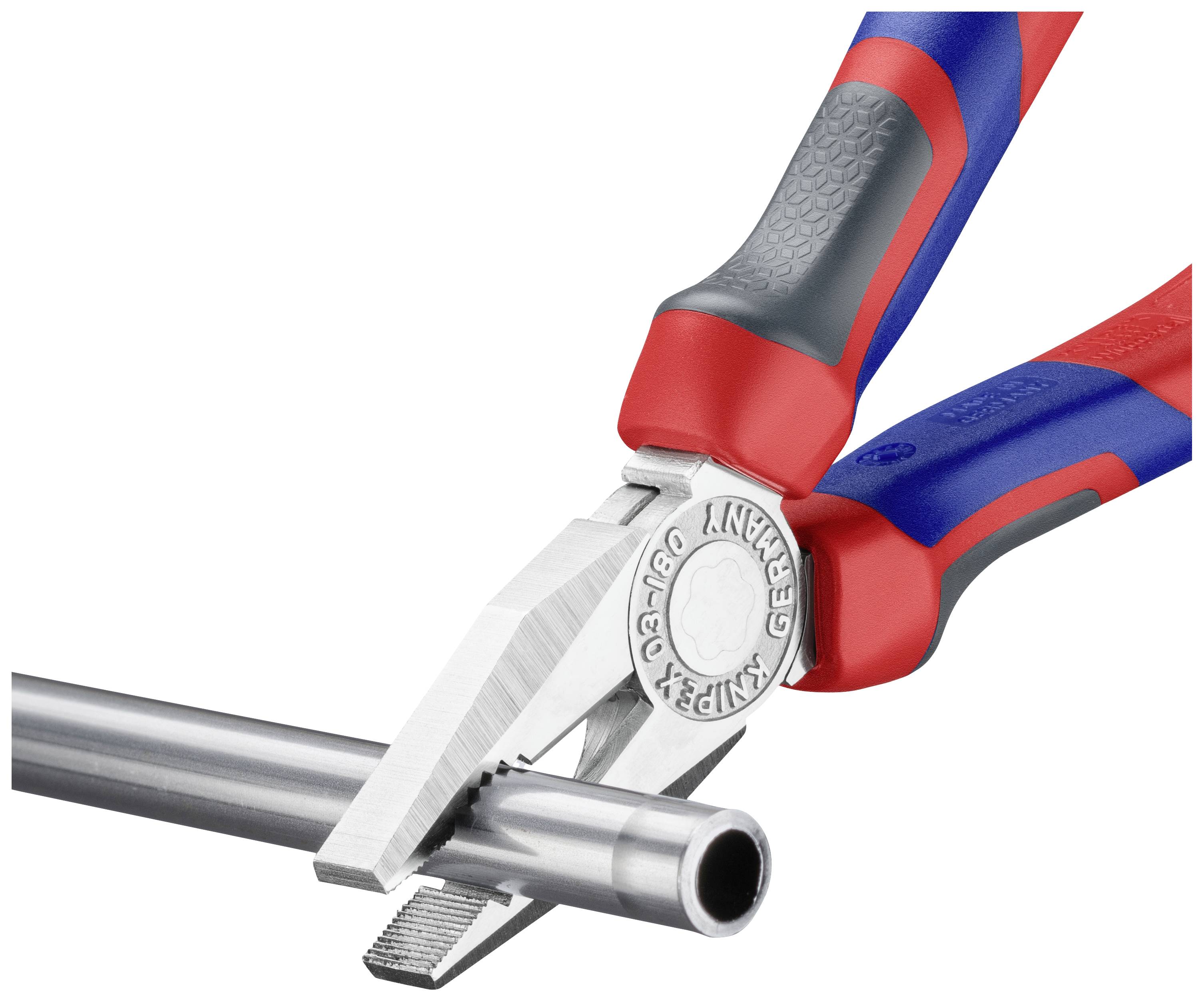 Pliers cut through a metal pipe. Red and blue handles contrast against the silver blade.