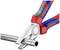Pliers cut through a metal pipe. Red and blue handles contrast against the silver blade.