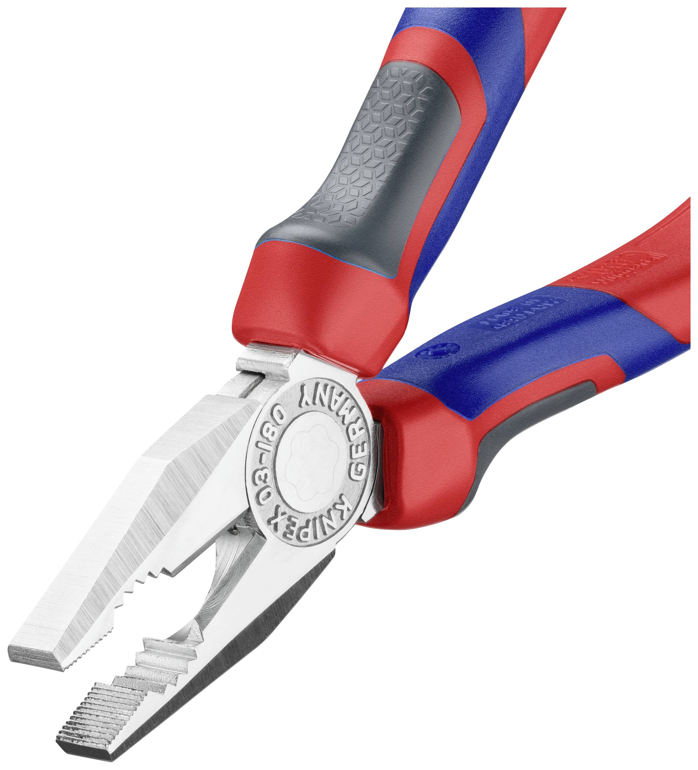 Pliers with red and blue metal handles, designed for precise gripping and cutting of wires or other materials.