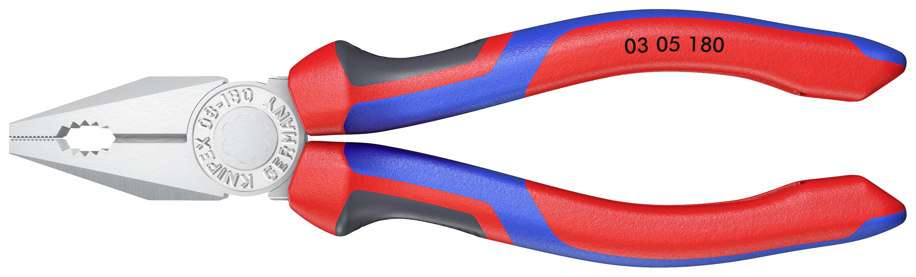 A red and blue combination pliers with insulated handles and a toothed, chrome-plated tip for gripping and cutting wires.