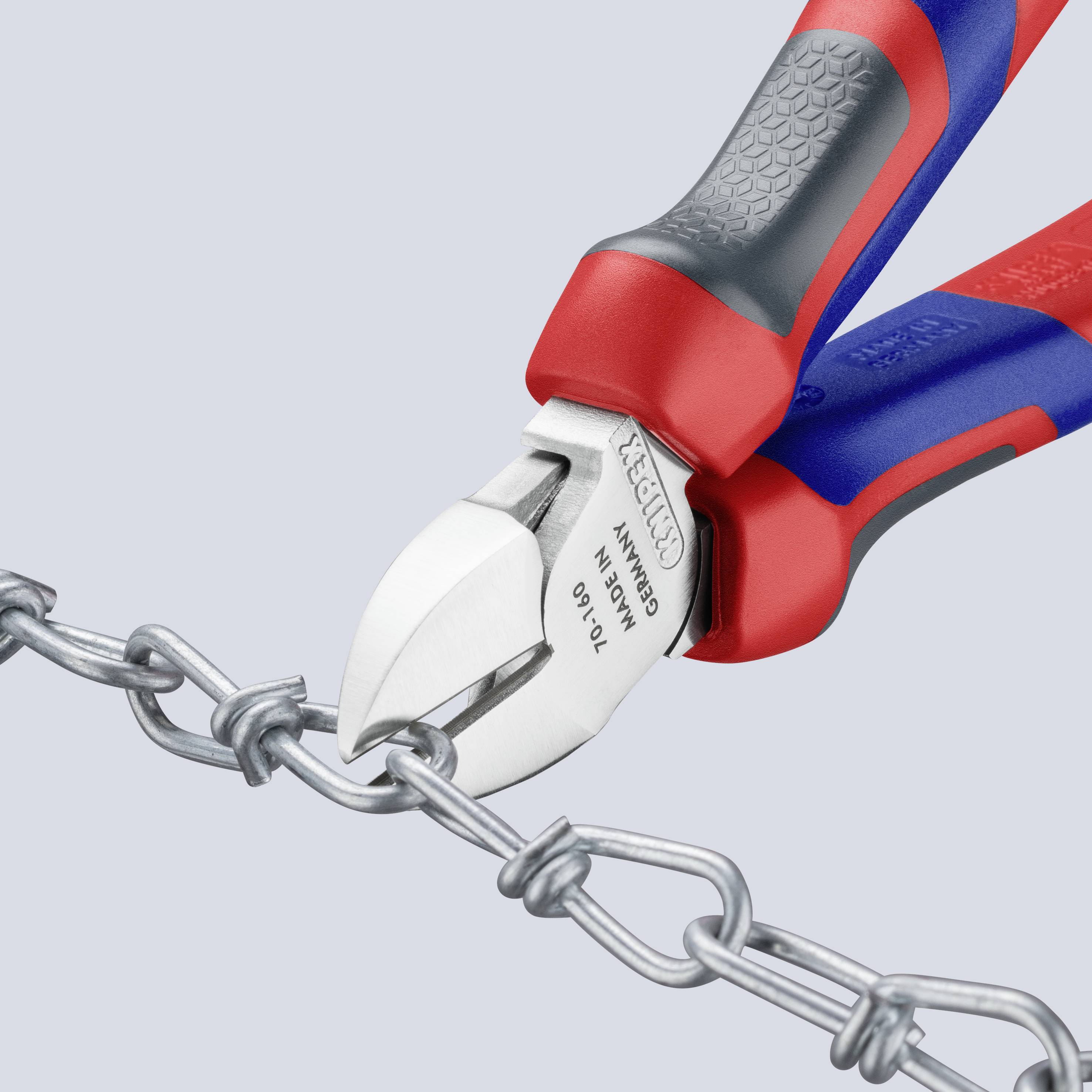 A blue and red pair of pliers cuts through a metal chain.