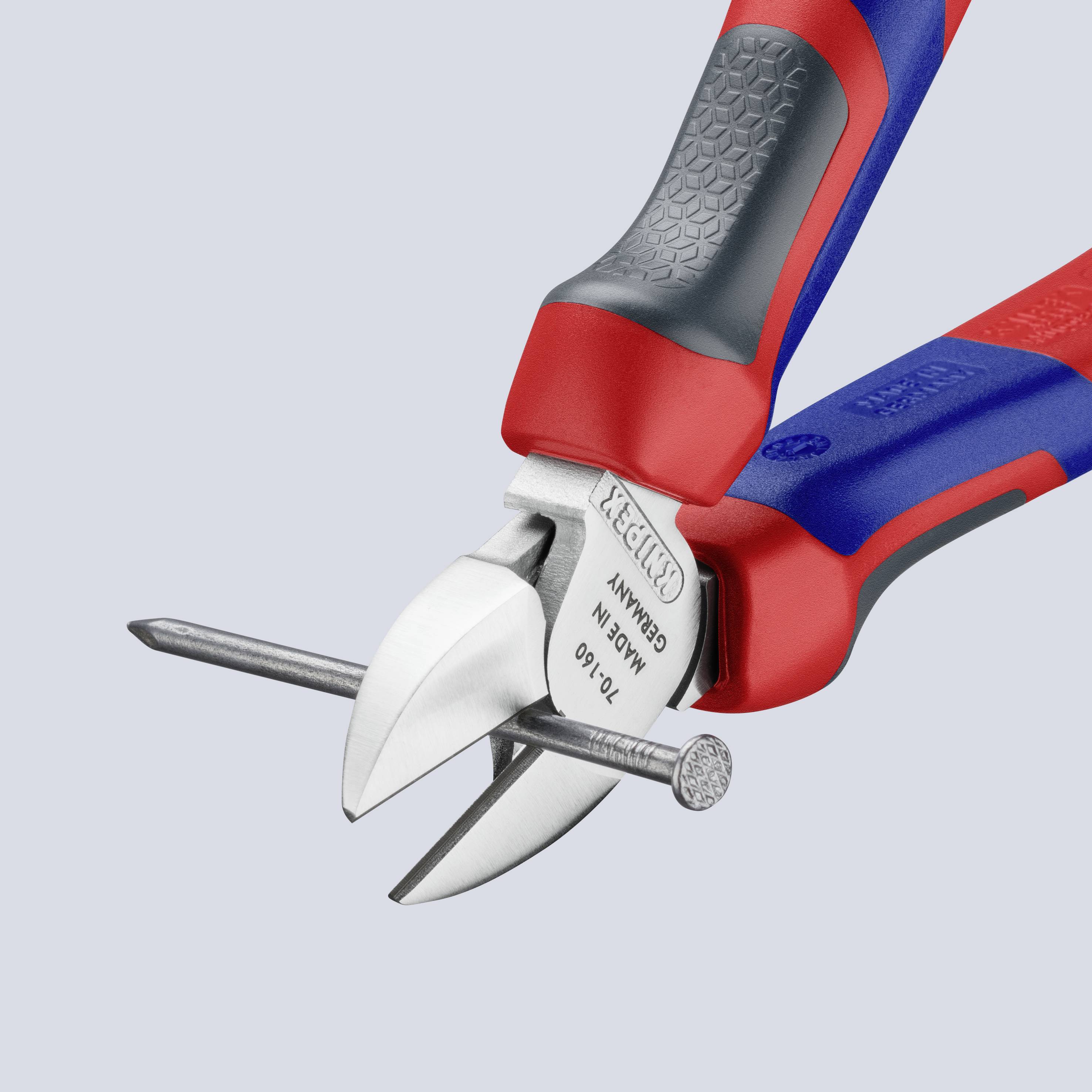 Pliers cutting a nail; ergonomic handle in red and blue; brand name and model number visible on pliers.