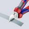 A red and blue cable cutter cuts a grey, textured tape. It is suitable for precise cable cutting.