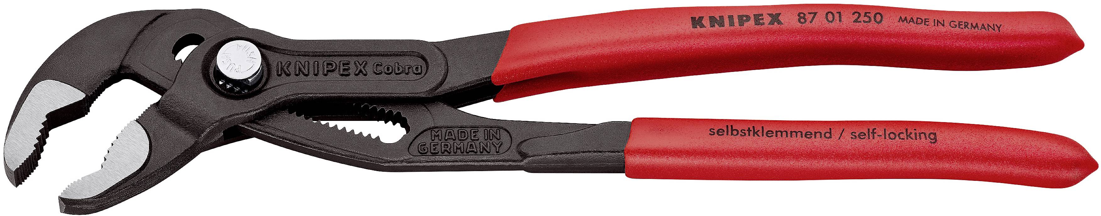 A pair of pliers with red handles and an adjustable opening mechanism. The handle is printed with 'Knipex' and 'Made in Germany'.
