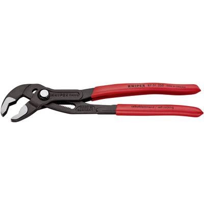 A pair of pliers with red handles and an adjustable opening mechanism. The handle is printed with 'Knipex' and 'Made in Germany'.