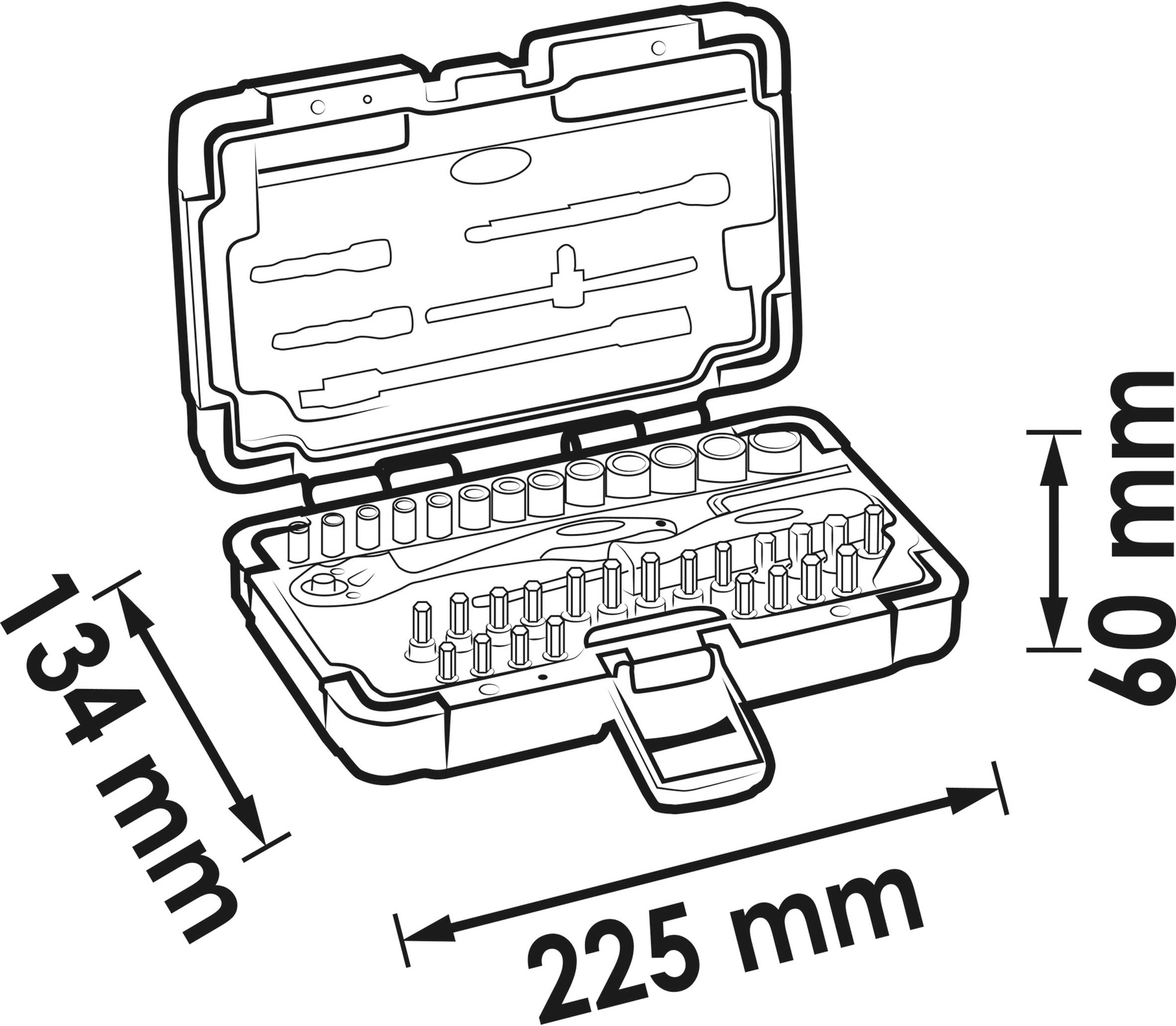 Image of a toolbox. Open, with socket wrench set, 30 pieces total. Dimensions: 225 mm width, 134 mm height, 60 mm depth.