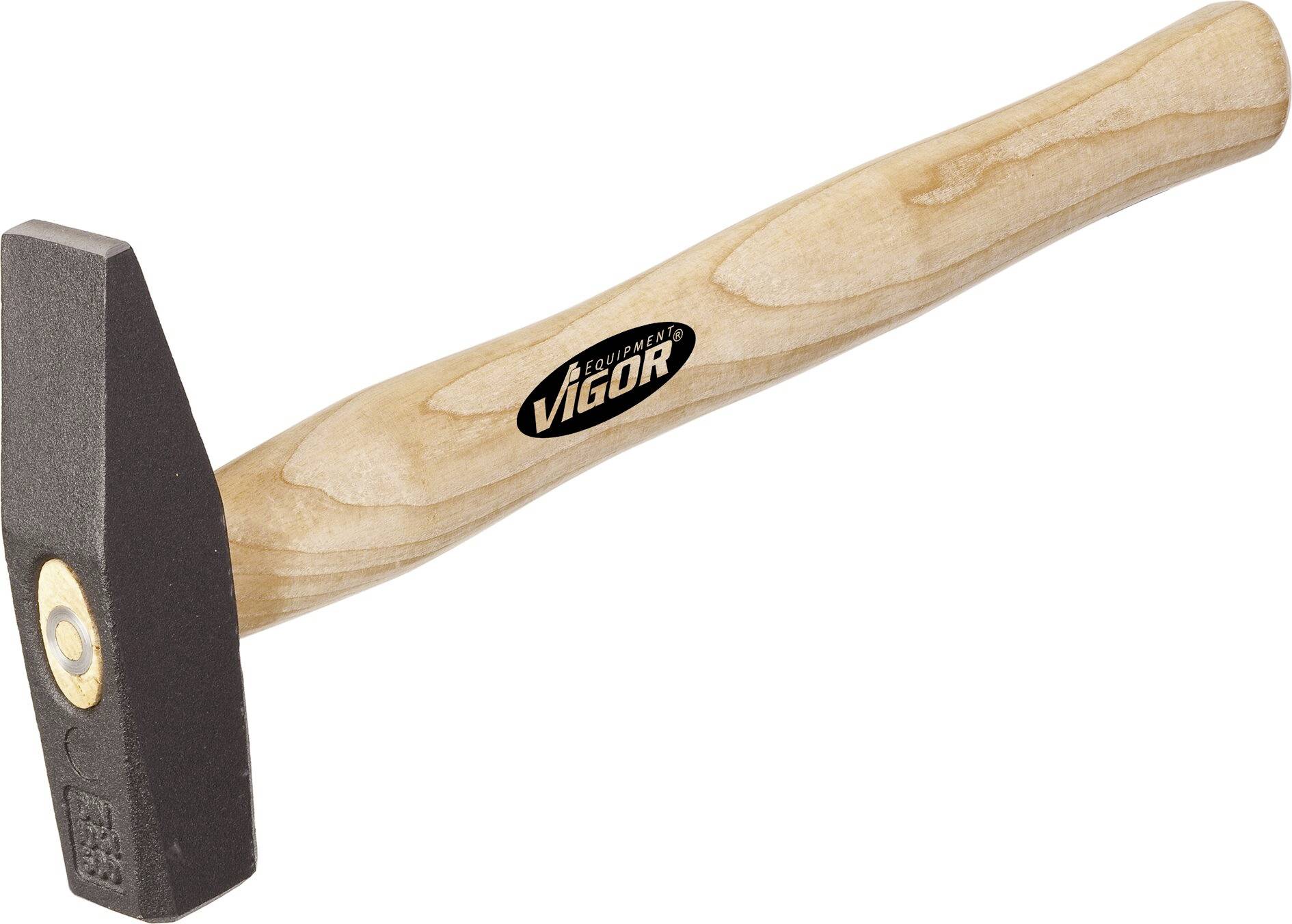 Wooden hammer with metal head, lying on its side, with 'Vigor' brand logo visible on the handle.