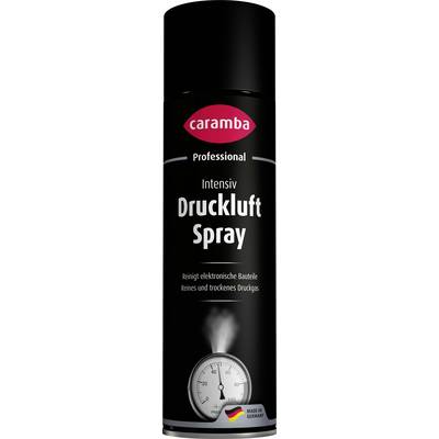 Black Caramba Professional Intensiv Druckluft Spray can with gauge graphic, labeled as compressed air cleaner for electronic components, made in Germany.