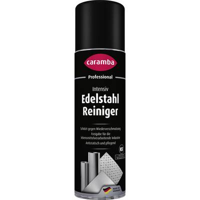Caramba Professional Intensiv Edelstahl Reiniger spray can label, with stainless steel tubes and German flag 'Made in Germany' on a black background.