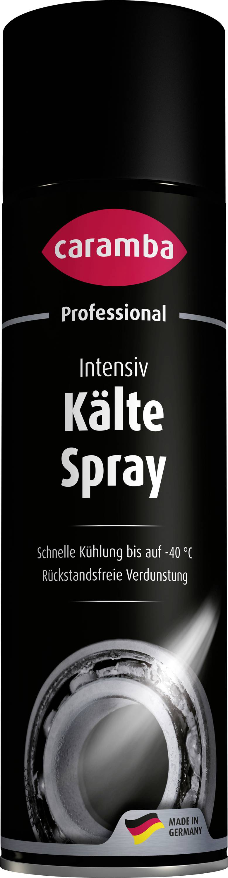 Black aerosol can labeled 'caramba Professional Intensiv Kälte Spray' with a cooling-ring graphic and German text advertising rapid cooling to -40°C.