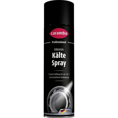 Black aerosol can labeled 'caramba Professional Intensiv Kälte Spray' with a cooling-ring graphic and German text advertising rapid cooling to -40°C.