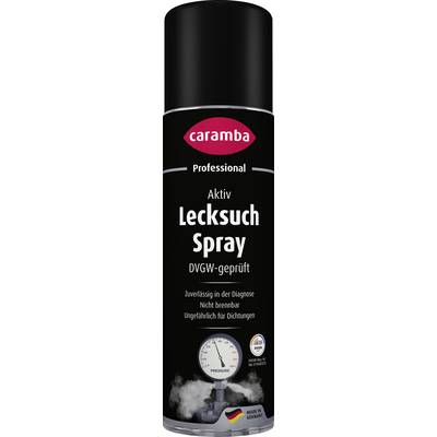 Can of Caramba Professional Aktiv Lecksuch Spray, a leak-detection spray with pressure gauge and German label indicating it is nonflammable and safe for seals.