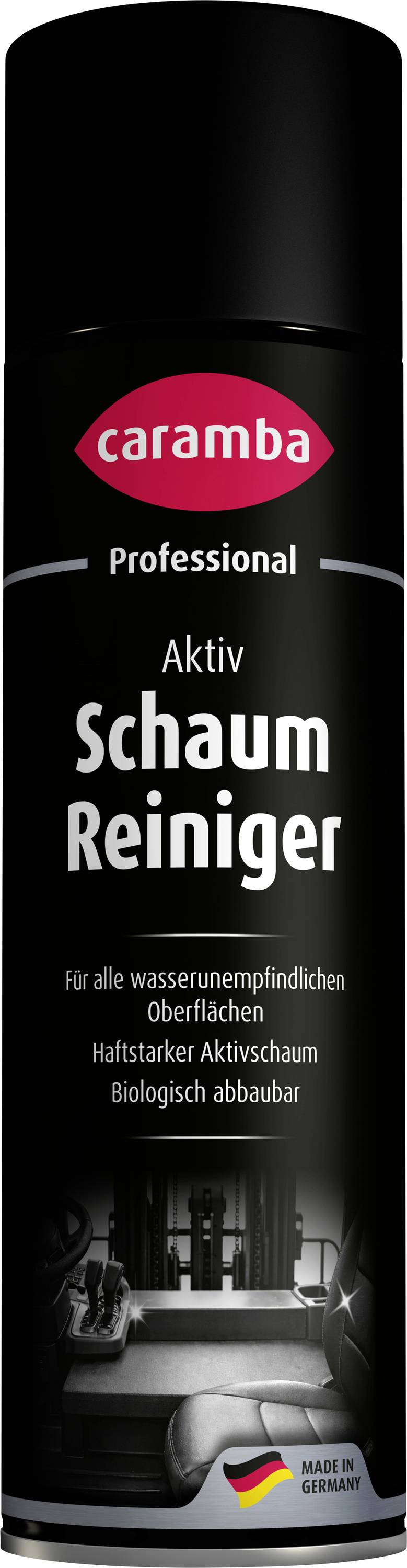 Black aerosol can labeled 'caramba Professional Aktiv Schaum Reiniger', a foam cleaner for washable, grease-removing surfaces; made in Germany.