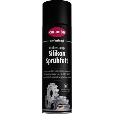 Black aerosol can of caramba Professional high-performance silicone spray, labeled in German; food-safe lubricant for cleaning and sliding parts.