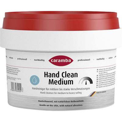 A white bucket with a red lid. Printed with: 'caramba Hand Clean Medium'. Hand cleaner for medium to heavy soiling.