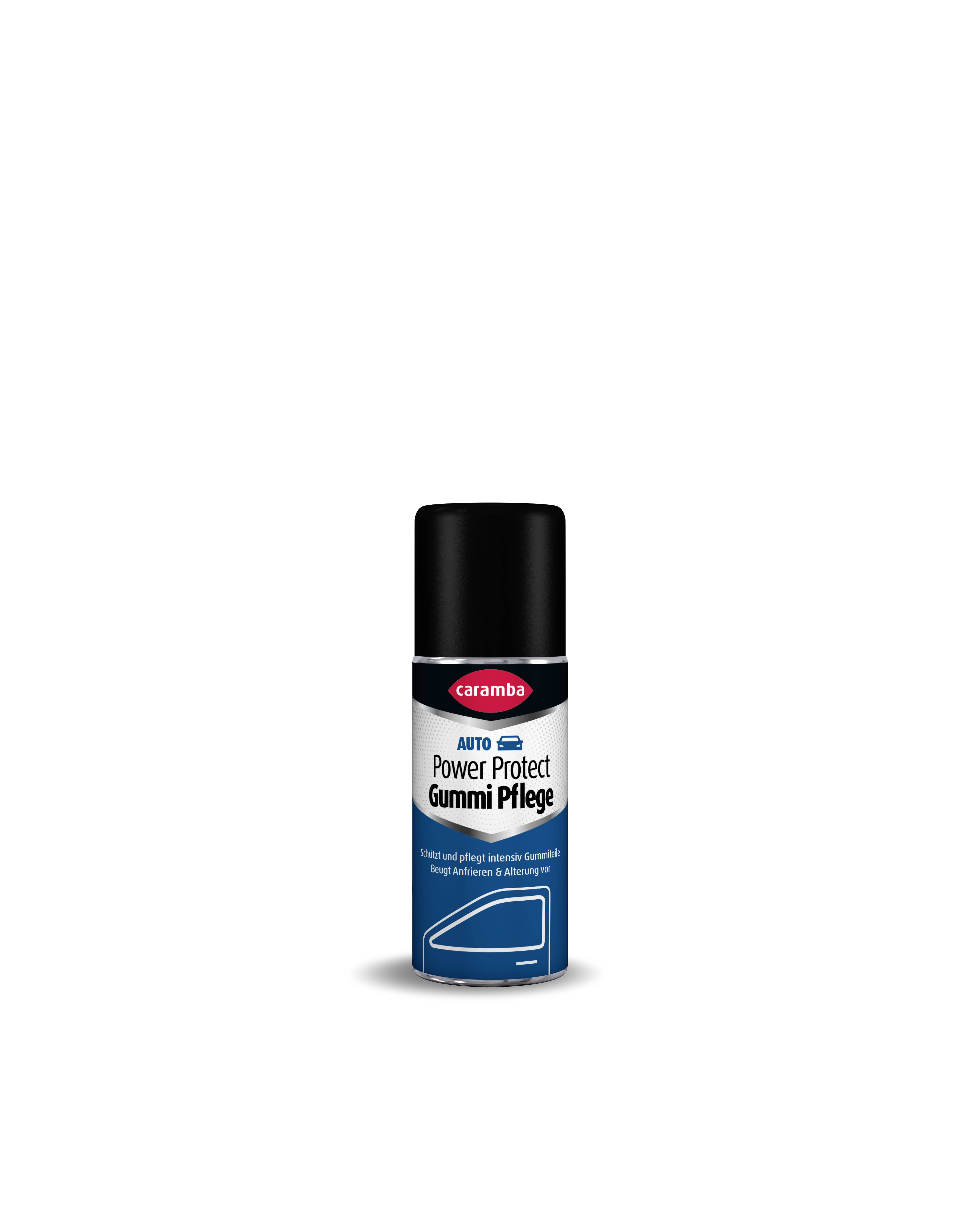 A can of Caramba Auto Power Protect Gummi Pflege spray cleaner with a black cap, shown standing upright on a white background.