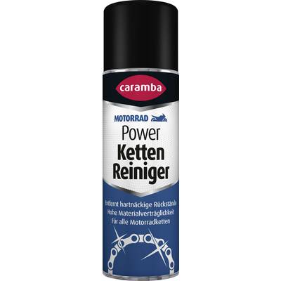 Caramba motorcycle chain cleaner aerosol can labeled 'Motorrad Power Ketten Reiniger' for removing stubborn residue on all motorcycle chains.