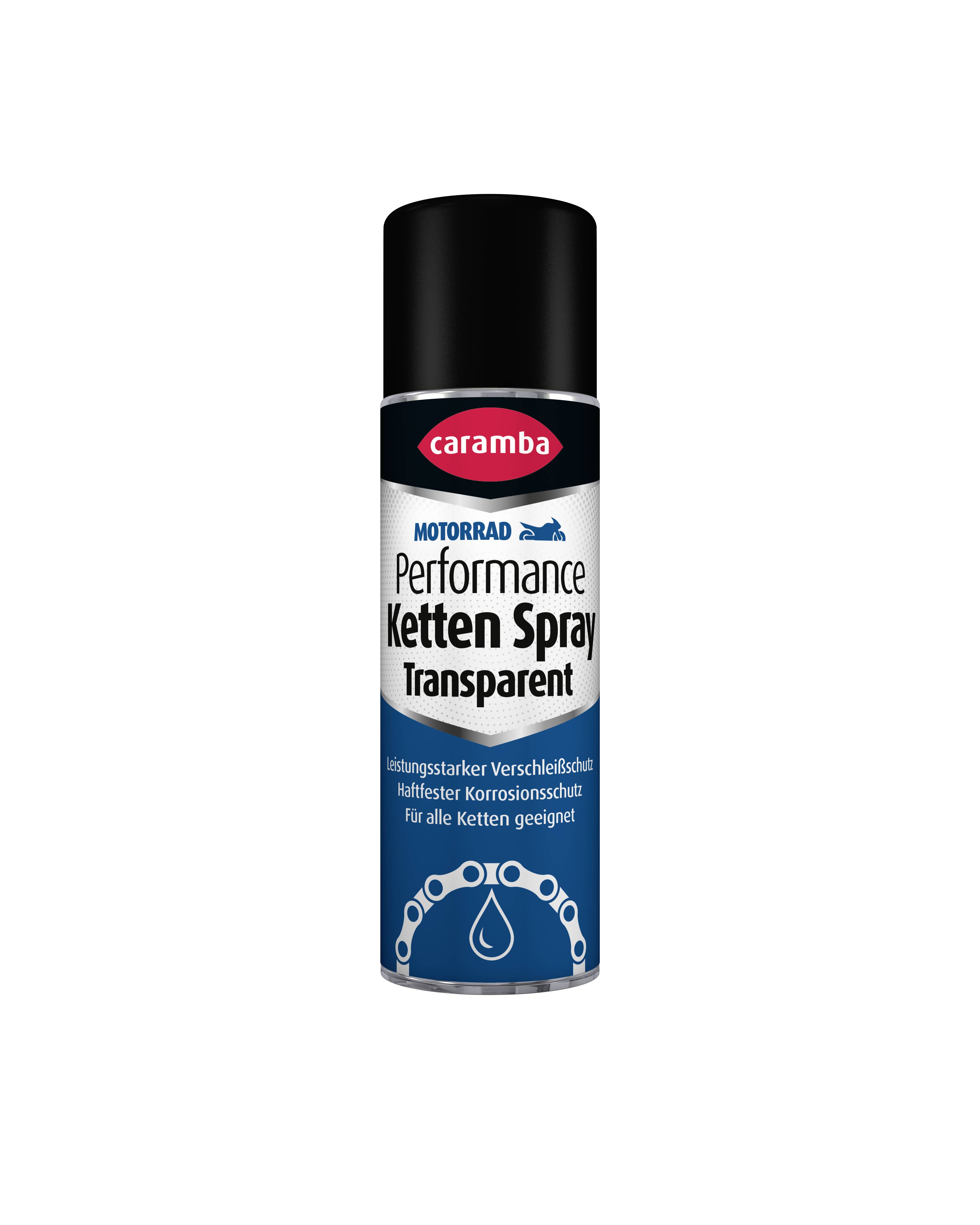 Caramba Motorrad Performance Ketten Spray Transparent aerosol can, a clear motorcycle chain lubricant and corrosion protection spray.