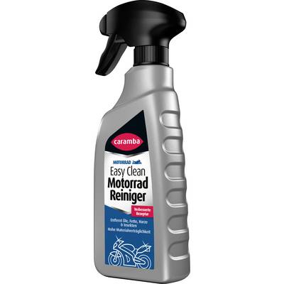 A gray spray bottle labeled 'Easy Clean Motorrad Reiniger' for motorcycle cleaning, with a black trigger sprayer and blue motorcycle icon.
