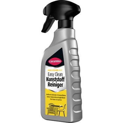 Bottle of Caramba Easy Clean plastic cleaner spray with black trigger top and yellow label for home, car and garden use.
